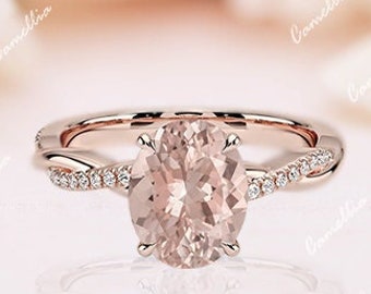 Unique Twisted band Morganite Engagement Ring, 14K Rose Gold Natural Morganite Bridal Wedding Solitaire Ring, Anniversary gifts for mother