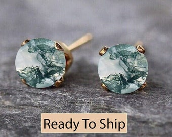 Vintage Moss Agate Stud earrings, Minimal Round cut Moss Agate earrings, Bridal Wedding bridesmaid anniversary gift for her Mother daughter