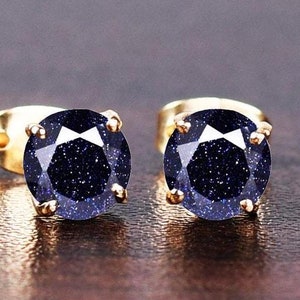 Vintage Blauer Sandstein Ohrstecker, Runde geschnittene natürliche Sandstein Sterling Silber Ohrstecker, Braut Hochzeit personalisierte Geschenk für Mutter