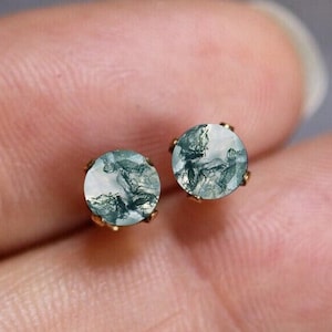Vintage Moss Agate Stud earrings, Minimal Round cut Moss Agate earrings, Bridal Wedding bridesmaid anniversary gift for her Mother daughter