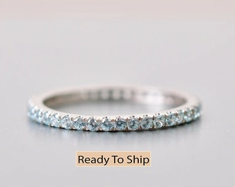 Aquamarine Full Eternity Wedding Band, Proposal ring, Birthstone Anniversary ring, Statement Jewelry
