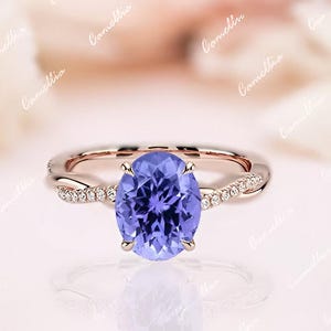 Anillo de compromiso de tanzanita con banda retorcida, anillos de boda nupciales de tanzanita azul de corte ovalado en oro rosa de 14 quilates para mujer, regalos de aniversario para madre
