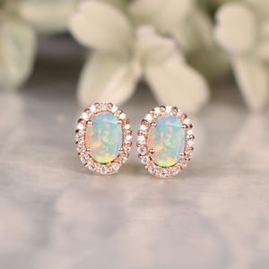 White Opal Stud Earring for Women, Oval cut Fire Opal Earrings Personalized Jewelry Bridal Gifts Opal Halo Earring Women&#39;s stud gift for her