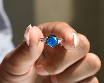 Hexagon Labradorite Engagement Ring, 14K Gold, Rainbow Gemstone Bridal Jewelry