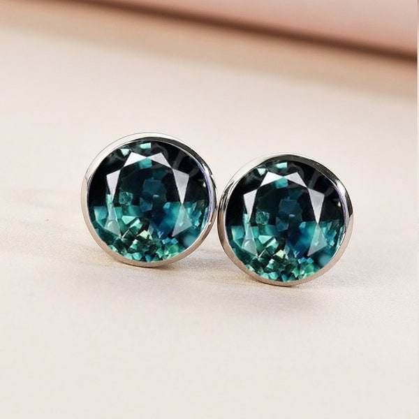 Teal Sapphire Earrings, Teal Sapphire Stud Earrings, Unique Bezel Set Round Teal Sapphire, Sapphire Jewellery , Wedding Bridal Earring Gift