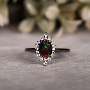 Oval Shape Black Opal Wedding Ring – Vintage art deco Opal Engagement Ring for Women, Anniversary Gifts for her, Black Gold Plated Halo Ring