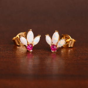 Marquise Opal with ruby Earrings, Dainty White Opal Studs, 925 Sterling Silver