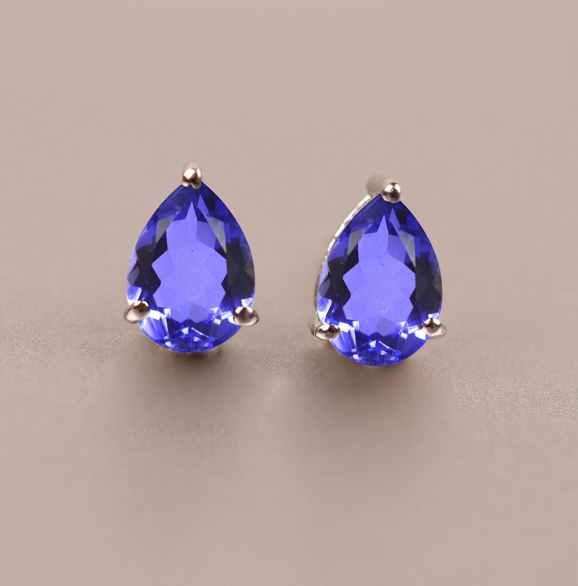 Unique Tanzanite Stud Earrings Pear Shape Blue Tanzanite