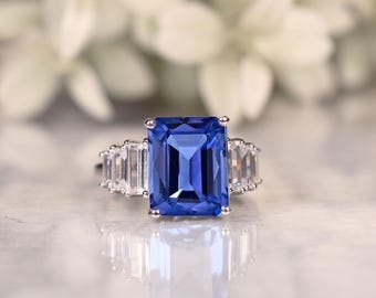 Octagon Tanzanite Engagement Ring, Sterling Silver, Diamond Accents