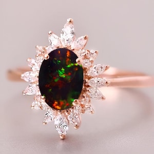Black Opal Engagement Ring – Premium Halo Princess Diana Style, Anniversary & Birthstone Gift for Loved Ones, Bridal Ring for Women