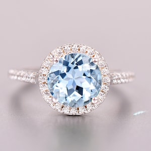 Aquamarine wedding ring for women Halo engagement ring for love proposal ring unique aquamarine ring gift for her bridal bridesmaid ring