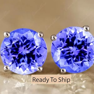 Vintage Tanzanite Stud earrings, Round cut Natural Blue Tanzanite sterling silver stud earring, Bridal Wedding personalized Gift for Mother