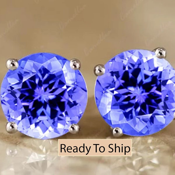 Vintage Tanzanite Stud earrings, Round cut Natural Blue Tanzanite sterling silver stud earring, Bridal Wedding personalized Gift for Mother