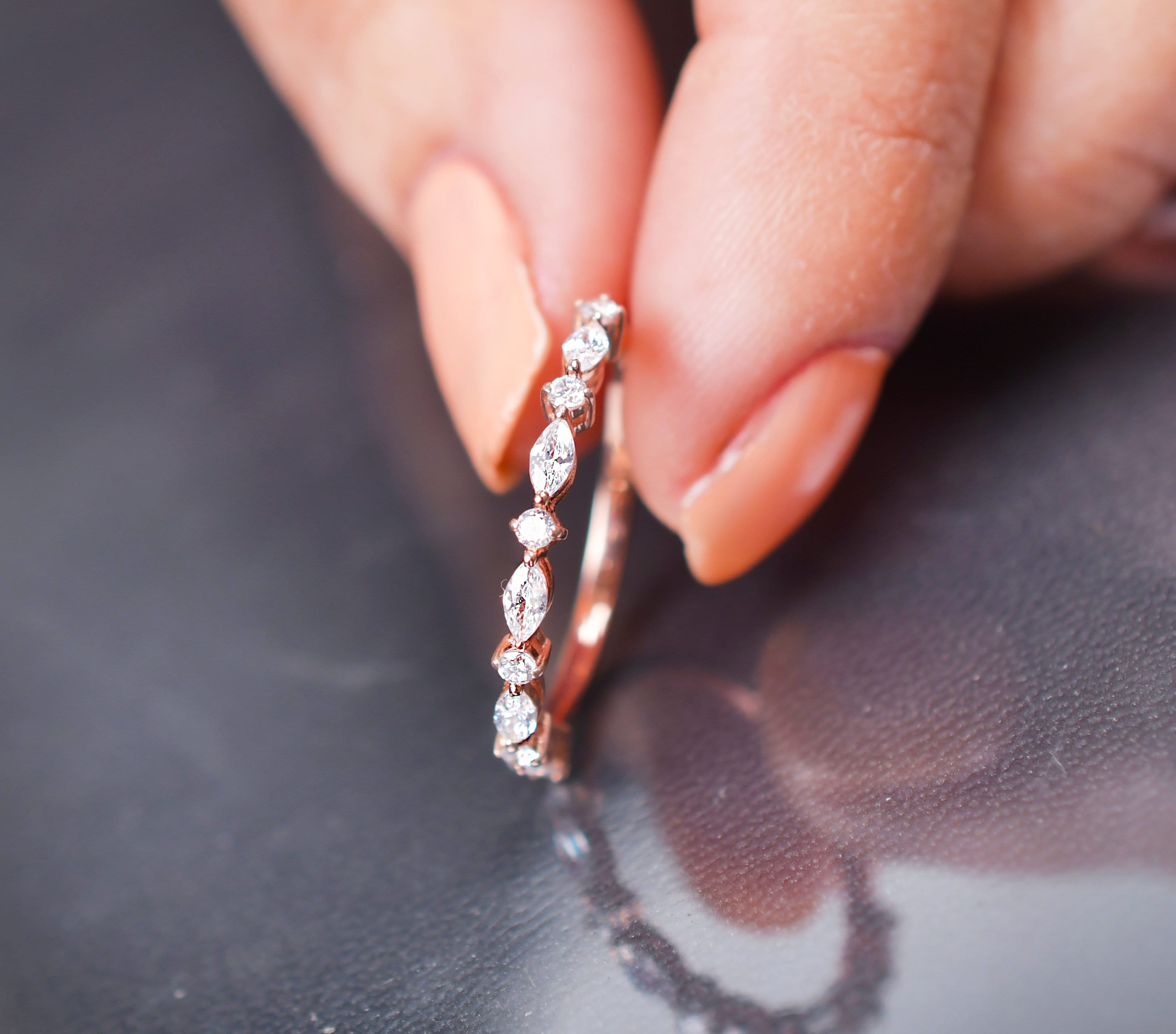 14K Solid Rose Gold Moissanite band ring, Moissanite wedding band Bridal half eternity band ring Moissanite diamond Anniversary gift for Her