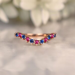 Ruby with Blue Sapphire Wedding Band, Round Ruby Ring, Curved Matching Band Sapphire Ring Bridal Jewelry Vintage Stacking Ring Gifts for her