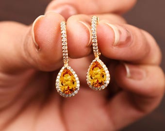 Pear Citrine Earrings Women Dangle Earring Halo Leverback Earing Bridal Jewelry Birthday Gifts