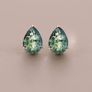 Green Moss Agate Stud earrings, Pear Cut Moss Agate Earrings, Everyday Studs , Bridal Jewelry, Wedding Anniversary Gifts for Mother Daughter