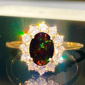 Unique Black Opal Wedding & Engagement Ring – Premium Halo Princess Diana Style, Perfect Anniversary Gift for Loved Ones