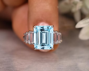 Octagon Aquamarine Engagement Ring, Simulated Diamond, Sterling Silver