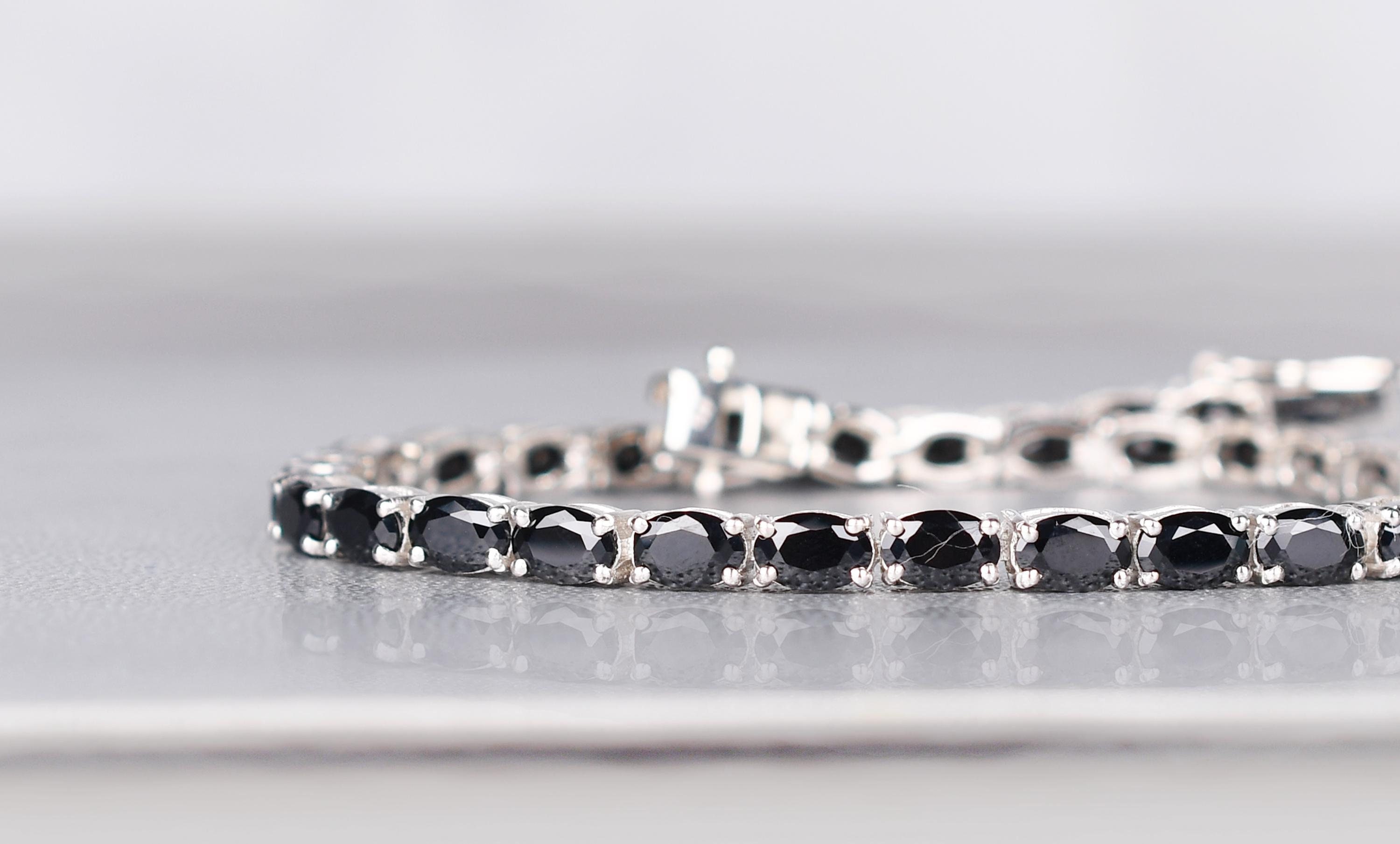 Oval Black Onyx Tennis Bracelet, 925 Sterling Silver