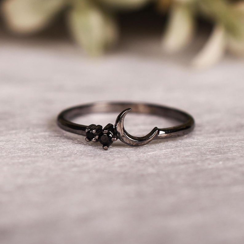 Black Gold Plated Half Moon Ring Unique Spinel Rings Anniversary Gifts Dainty Ring Jewelry