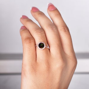 Black Opal Halo Engagement Ring – 14K Solid Rose Gold, Bridal Wedding Ring for Women, Princess Diana Inspired Gift for Her