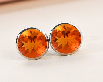 Fire Opal Stud Earrings: Round Orange Opal Earring, Bezal Earing, Bridal jewelry, Promise Gift