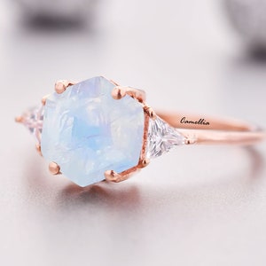 Handmade Moonstone Engagement Ring, 14K Solid Gold hexagon cut Rainbow Moonstone Wedding Statement Ring, Anniversary Gifts for Mother Wife