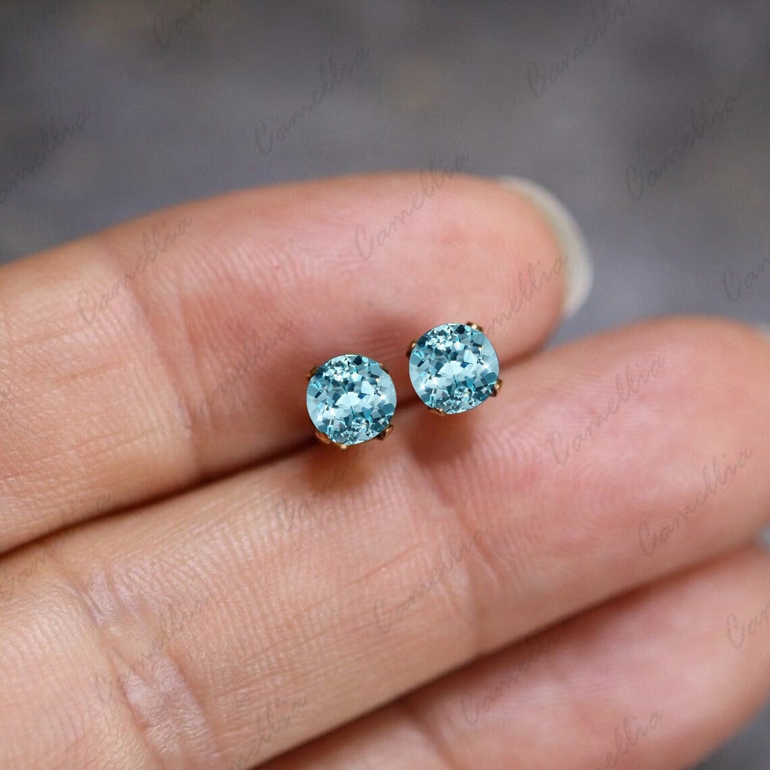 Minimal Aquamarine Stud Earrings, Unique Round Cut Aquamarine Sterling