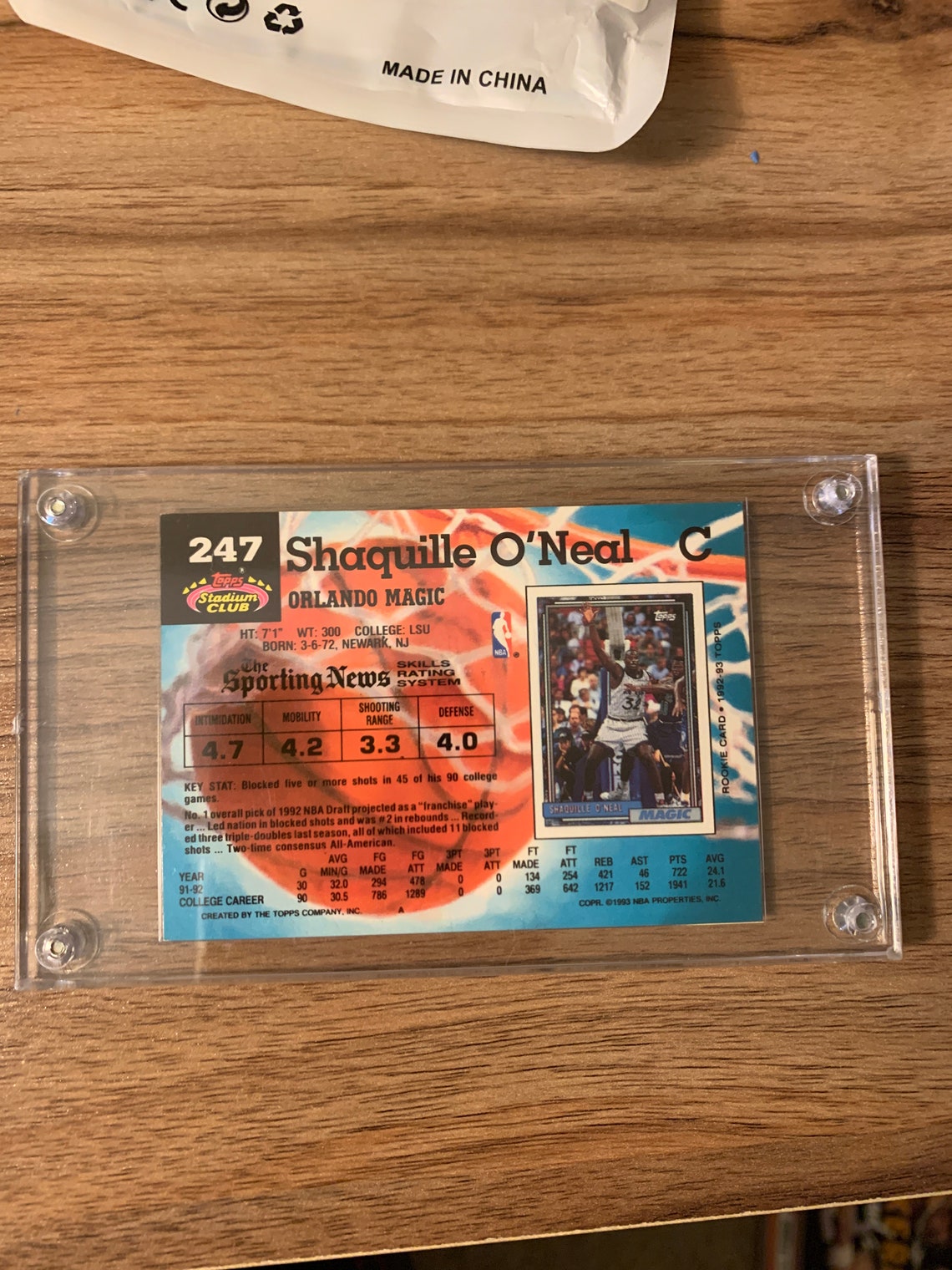 Shaquille O’neal Rookie Card. Tops Stadium Club 1992-1993. Card Number
