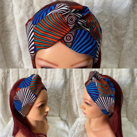 Bandeau croisé pour cheveux en tissus wax bleu et orange