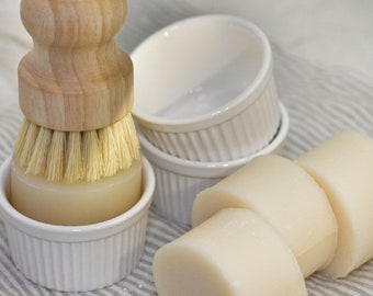Solid Round Dish Washing Soap, Ceramic Dish, and Bamboo Brush Gift Set; Zero Waste, Plastic Free, Eco Friendly and Vegan