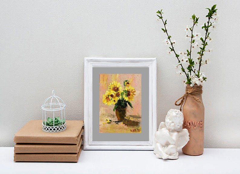 Sunflower Painting Sunflower Bouquet Art Original Oil Painting Home Decor 7 by 5/'/' by ShipOfArts Wall Art Small Painting