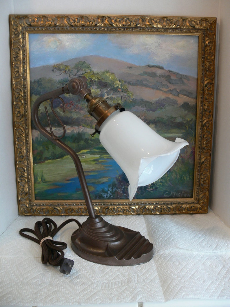 Antique Eagle Art Deco Gooseneck Desk Lamp Cast Iron W/ Milk Etsy