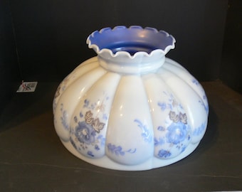 Vintage White and Blue  Hurricane Oil Or Electric Glass Melon Lamp Shade Fits 14" Fitter