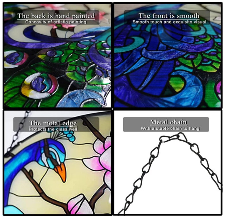 12 Stained Glass Peacock Suncatcher With Chain Hanging Ornament Window