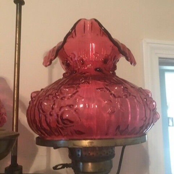 Fenton GWTW Cranberry Cabbage Rose Lamp shade globe 7 inch Fitter