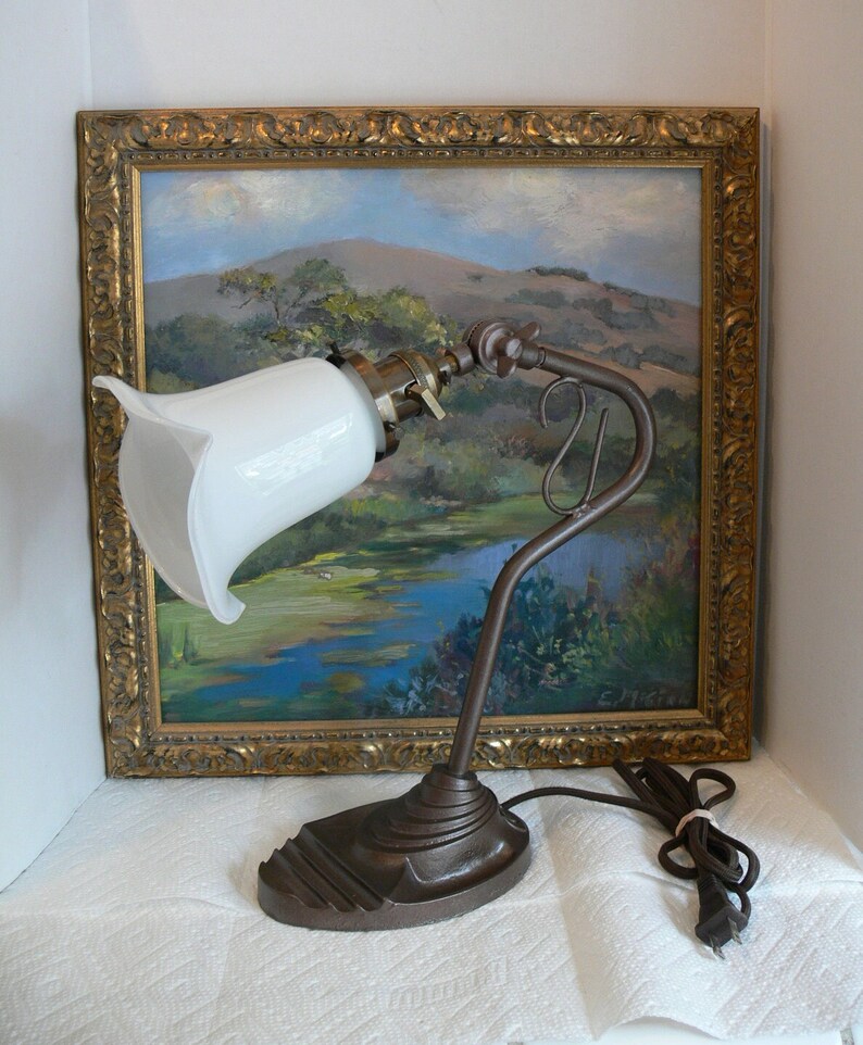 Antique Eagle Art Deco Gooseneck Desk Lamp Cast Iron W/ Milk Etsy
