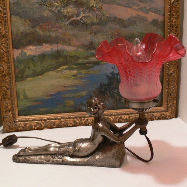 Vintage Art Deco Lamp Chandler Laying Lady Lamp Figural Light Gold Metal Art Nouveau