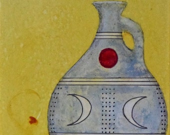 RED SUN PITCHER  Fine Art Painting, Mythic Ancient Artifact Vessel, Unique Hand-painted Original