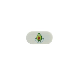May include: White oval-shaped webcam cover with a cartoon avocado wearing a headband and jumping rope.