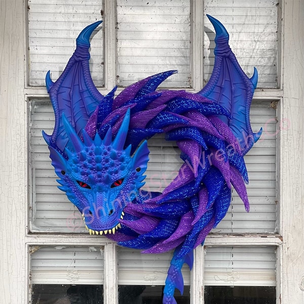 Dragon Wreath, Dragon Head Wreath, Fantasy Wreath, Renaissance Wreath, Blue and Purple Dragon, Deco Mesh, Handmade