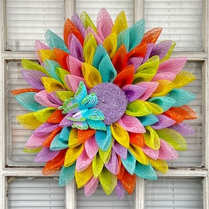 Easter Spring Sunflower Wreath For Front Door, Flower Mesh Wreath, Sunflower Home Decor Spring Door Hanger, Easter Decor