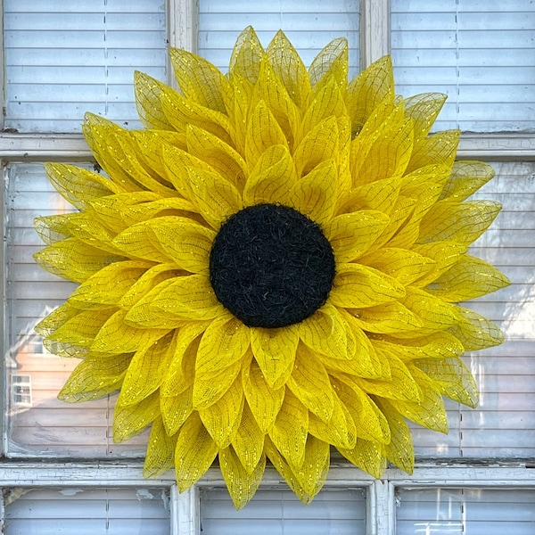 Yellow Sunflower Wreath, Flower Wreath, Mesh Wreath, Sunflower Decor, Fall Wreath, Door Hanger, Sunflower Door Decor, Fall Sunflower Wreath