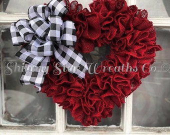 Valentines Day Wreath, Valentines Wreath, Heart Wreath, Burlap Wreath, Heart Wreath, Love Wreath, Buffalo Plaid Bow, Buffalo Check Wreath