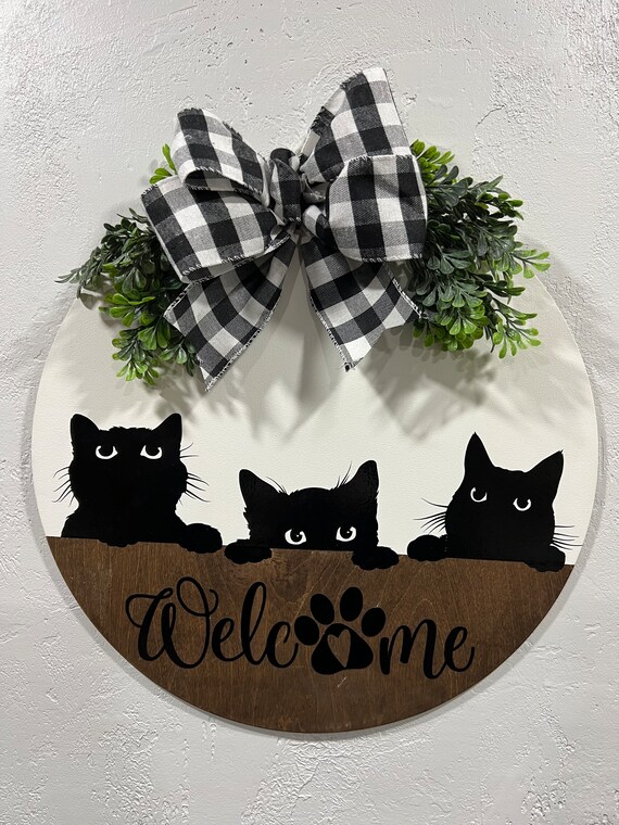 Cat Wreath Cat Door Hanger Black Cat Sign Door Etsy