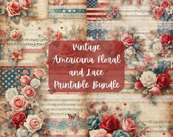 Vintage Americana Floral and Lace Printable Bundle | 4th of July Junk Journal | Instant Download | Patriotic Ephemera Digital Paper