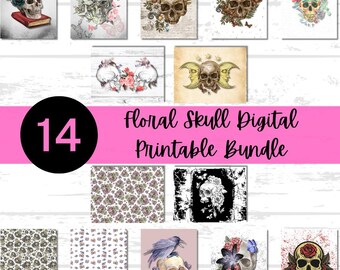 Floral Skull Scrapbook Paper Bundle | Pretty Halloween | Printable Paper | Halloween Pattern | Skull Skeleton