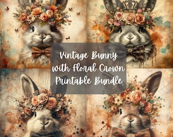 Vintage Bunny Floral Crown Bowtie Printable Bundle | Decoupage Crafting Paper | Junk Journal | Digital Download |PNG| Sublimation | Easter