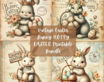 Vintage Hoppy Easter Bunny Printable Bundle | Decoupage Crafting Paper | Junk Journal | Digital Download |PNG| Sublimation | Spring